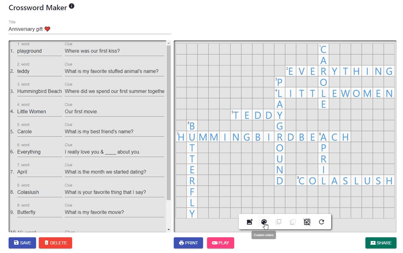 How to use custom colors on your online crossword?